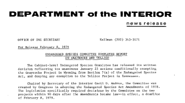 Endangered Species Committee Completes Report on Grayrocks and Tellico February 8, 1979