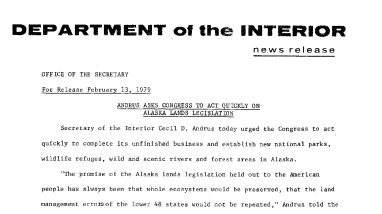 Andrus Asks Congress to Act Quickly on Alaska Lands Legislation February 13, 1979