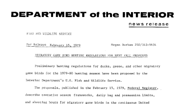 Migratory Game Bird Hunting Regulations for Next Fall Proposed February 15, 1979
