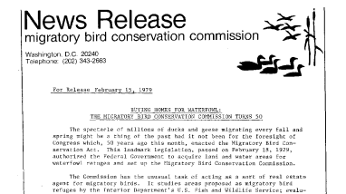 Buying Homes for Waterfowl: the Migratory Bird Conservation Cofq4ission Turns 50 February 15, 1979