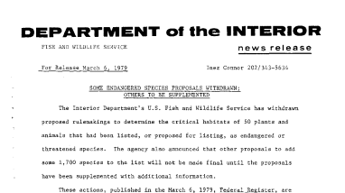 Some Endangered Species Proposals Withdrawn; Others to Be Supplemented March 6, 1979