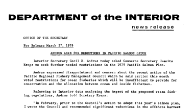 Andrus Asks for Reductions in Pacific Salmon Catch March 27, 1979