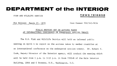 Publc Meeting Set on Actions Taken at International Conference on Endangered Species Treaty March 27, 1979