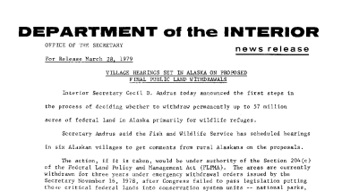 Village Hearings Set in Alaska on Proposed Fianl Public Land Withdrawals March 28, 1979