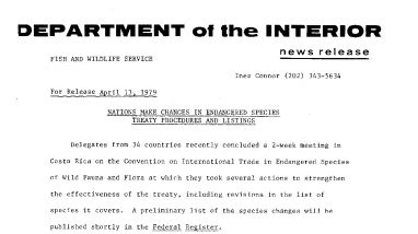 Nations Make Changes in Endangered Species Treaty Procedures and Listings April 13, 1979