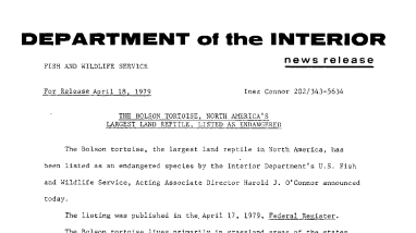 The Polson Tortoise, North America's Largest Land Reptile, Listed as Endangered April 18, 1979