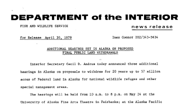 Additional Hearings Set in Alaska on Proposed Fianl Public Land Withdrawals April 30, 1979