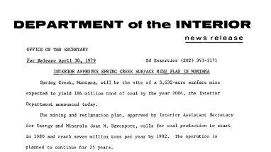 Interior Approves Spring Creek Surface Mine Plan in Montana April 30, 1979