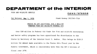States to Get Additional $38.4 Million Through Fish and Wildlife Federal Aid May 1, 1979