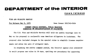 Comment Period Reopended, Public Hearings Scheduled on Reciassification of Alligators May 9, 1979