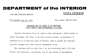 Hearings Set in Lower 48 on Proposed Final Public Land Withdrawals in Alaska May 16, 1979
