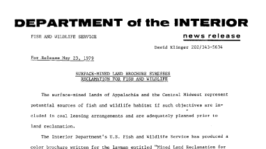 Surface-Mined Land Brochure Stresses Reclamation for Fish and Wildlife May 23, 1979