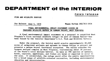 Final Environmental Impact Statement Issued on Proposed Wildlife Refuge in Canaan Valley, West Virginia June 4, 1979