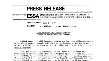 Essa Proposes to Approve Limited Export of Alligators and Ginseng June 5, 1979