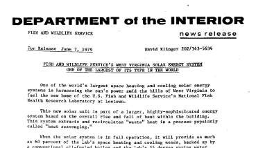 Fish and Wildlife Service's West Virginia Solar Energy System One of the Largest of Its Type in the World June 7, 1979