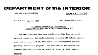 Six Public Hearings Set for Proposed Regulations on Fish and Wildlife Coordination Act June 11, 1979