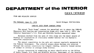 1980-81 Duck Stamp Contest Opens June 27, 1979