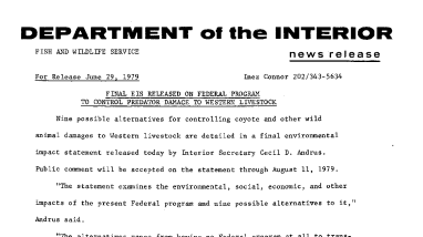 Final Eis Released on Federal Program to Control Predator Damage to Western Livestock June 29,1979