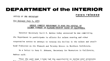Andrus Commits Department to Work for Revival of Salmon Fishery in Klamath-Trinity Basin of California July 2, 1979