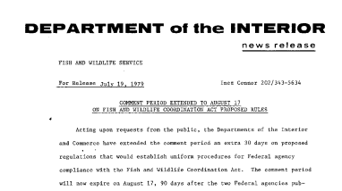 Comment Period Extended to August 17 on Fish and Wildlife Coordination Act Proposed Rules July 19, 1979