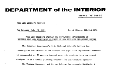 Fish and Wildlife Habitat and Population Improvements at Western Dams and Reservoirs Assessed in New Interior Department Report July 23, 1979