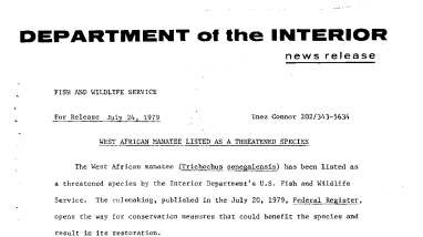 West African Manatee Listed as A Threatened Species July 24, 1979