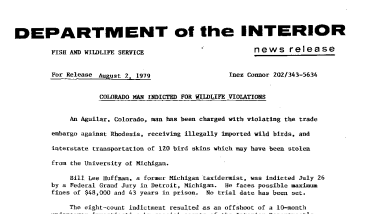 Colorado Man Indicted for Wildlife Violations August 2, 1979