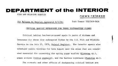 Critical Habitat Reproposed for Three Southeastern Fishes August 3, 1979