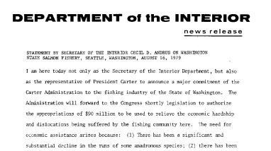 Statement by Secretary of the Interior Cecil D. Andrus on Washington State Salmon Fishery-- August 16, 1979