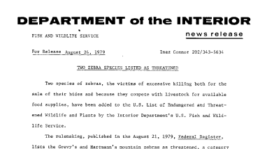 Two Zebra Species Listed as Threatened August 24, 1979