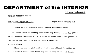 Final 1979-80 Waterfowl Hunting Season Frameworks Issued August 29, 1979