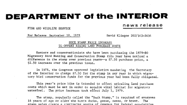 Duck Stamp Price Increase to Offset Rising Land Purchase Costs September 10, 1979