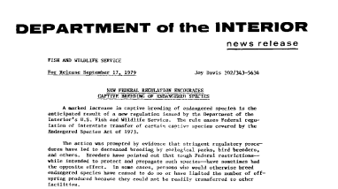 New Federal Regulation Encourages Captive Breeding of Endangered Species September 17, 1979