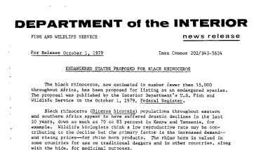 Endangered Status Proposed for Buck Rhinoceros October 1, 1979