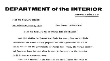 Flsh and Wildlife Aid to States Tops $89 Mlllion October 5, 1979