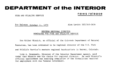 Western Regional Director Nominated for Fish and Wildlife Service October 11, 1979