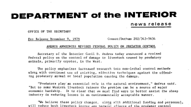 Andrus Announces Revised Federal Policy on Predator Control November 9, 1979