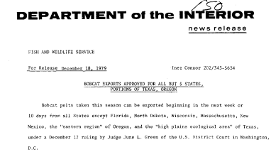 Bobcat Exports Approved for All but 5 States, Portions of Texas, Oregon December 18, 1979