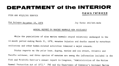 Annual Report on Marine Mammals Now Available December 19, 1979