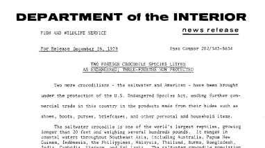 Two Foreign Crocodile Species Listed as Endangered; Three-Fourths Now Protected December 26, 1979