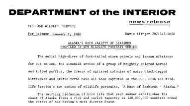 Alaska's Rich Variety of Seabirds Profiled in New Wildlife Portrait Series January 2, 1980