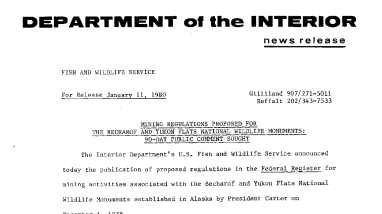 Mining Regulations Proposed for the Becharof and Yukon Flats National Wildlife Monuments: 90-Day Public Comment Sought January 11, 1980