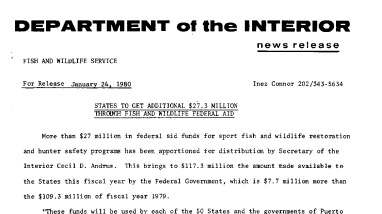 States to Get Additional $27.3 Million Through, Fish and Wildlife Federal Aid January 24, 1980