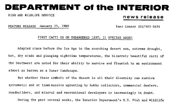 First Cacti Go on Endangered List; 21 Species Added January 25, 1980