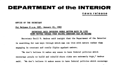 Secretary Says Interior Seers Better Ways to Live With Nature Rather Than Waging Constant War on Nature January 25, 1980
