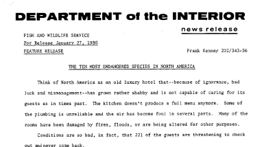 The Ten Most Endangered Species in North America January 27, 1980