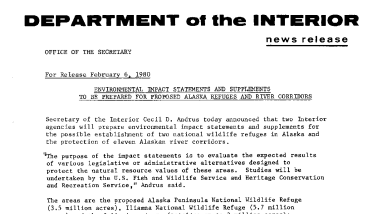 Environmental Impact Statements and Supplements to Be Prepared for Proposed Alaska Refuges and River Corridors February 6, 1980