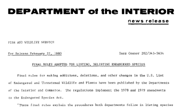 Final Rules Adopted for Listing, Delisting Endangered Species February 27, 1980
