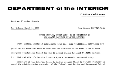 Sport Hunting, Other Uses, to Be Continued in New Alaska National Wildlife Refuges March 4, 1980