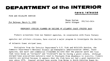 Emergency Studies Planned on Decline of Atlantic Coast Striped Bass March 5, 1980